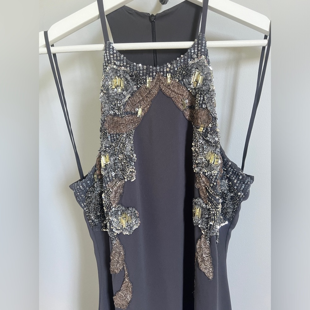 BADGLEY MISCHKA Collection pewter gown with sequin design size 10